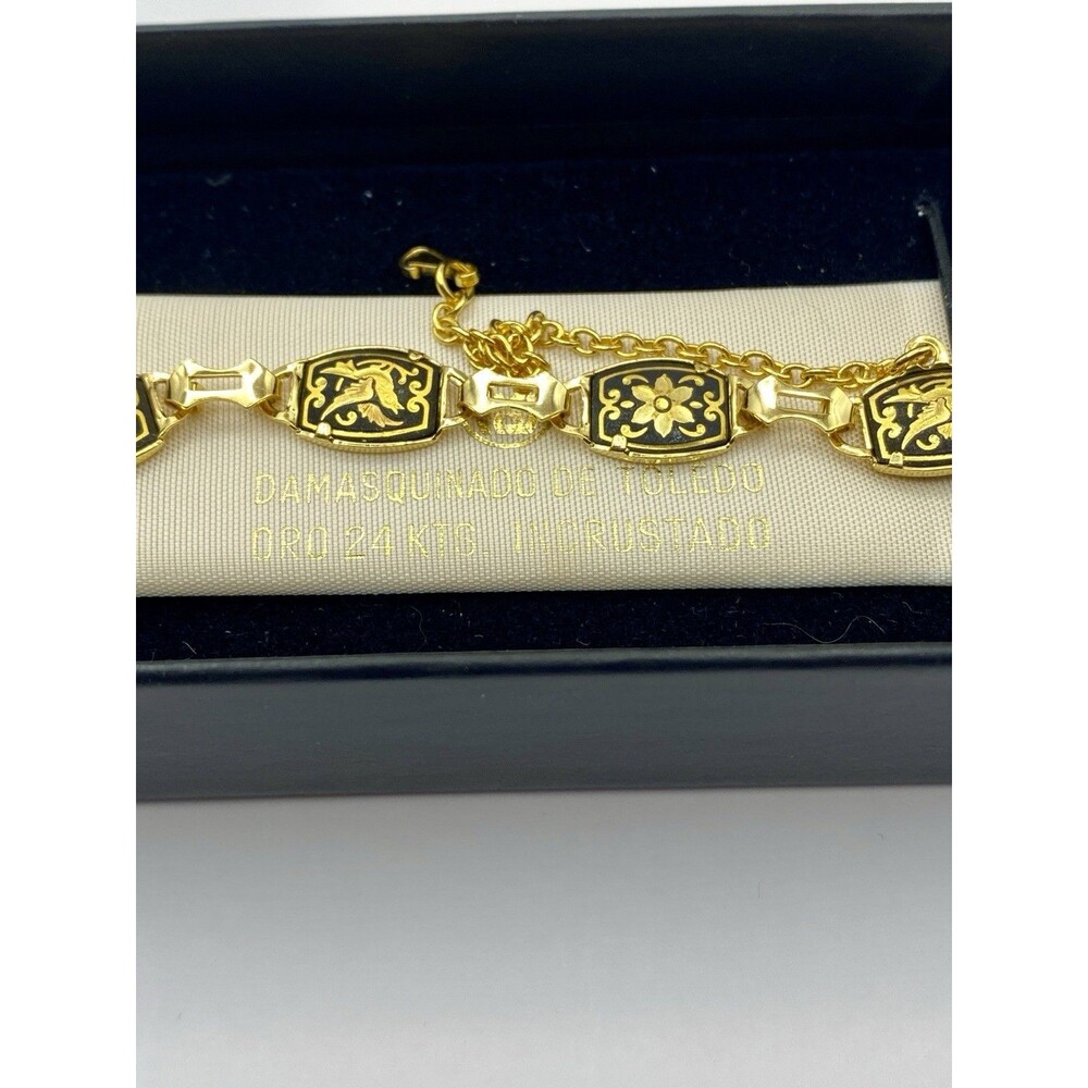 VTG Damascene BRACELET Bird Flower Toledo 7 Panel Link Safety Chain